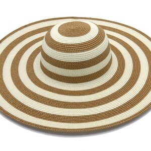 Giant Sunhat 6 Inch Brim Elegant Tan and Cream Striped Women's Sun Hat
